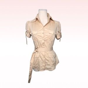 Y2K BEBE Beige Button Down Short Sleeve Belted Blouse (Sz S)
